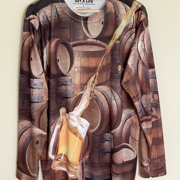 Get A Life Beer Keg Long Sleeve Brown Graphic T Shirt Men’s size Large - Picture 2 of 4